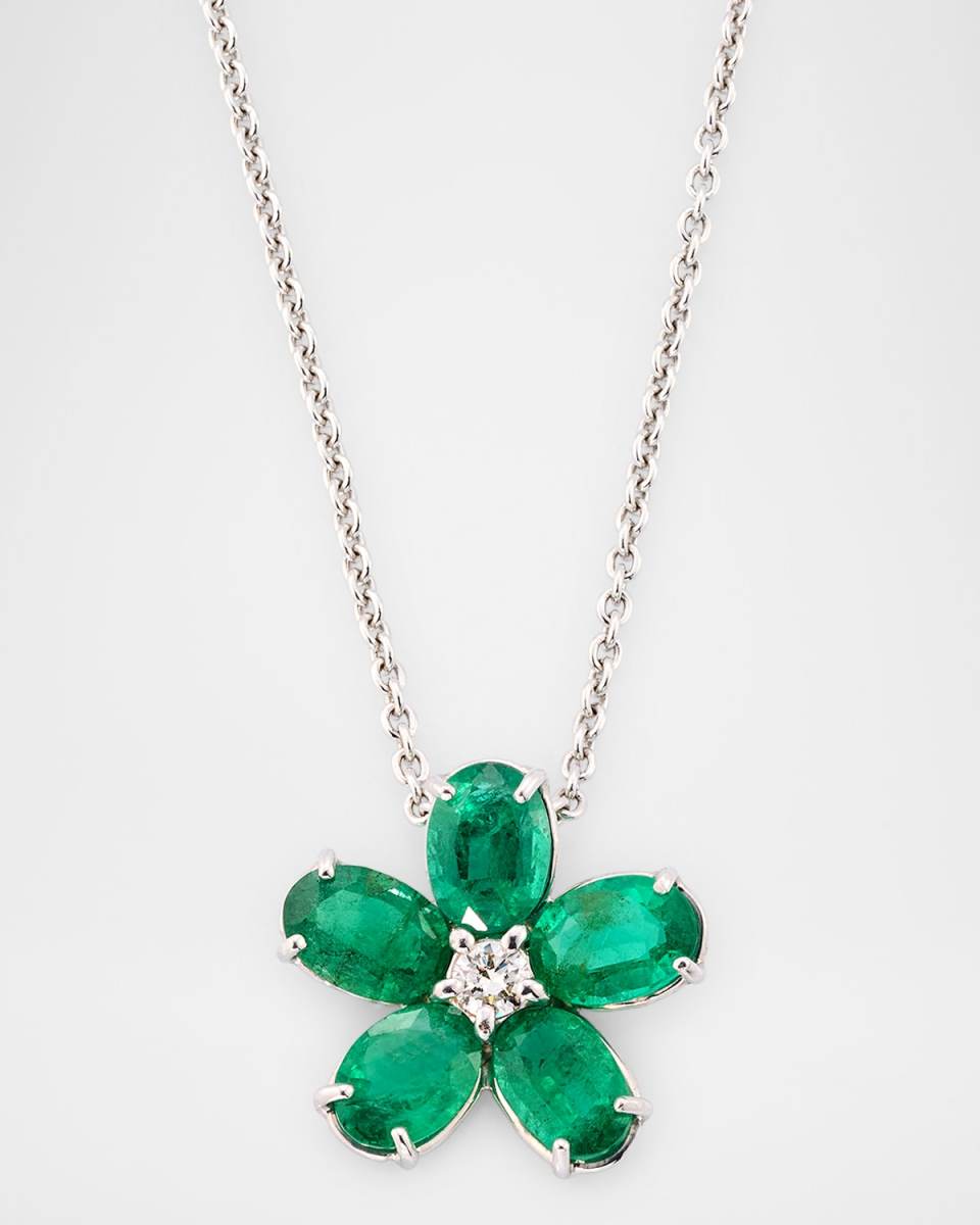 18K White Gold Emerald Flower Pendant Necklace, 16"